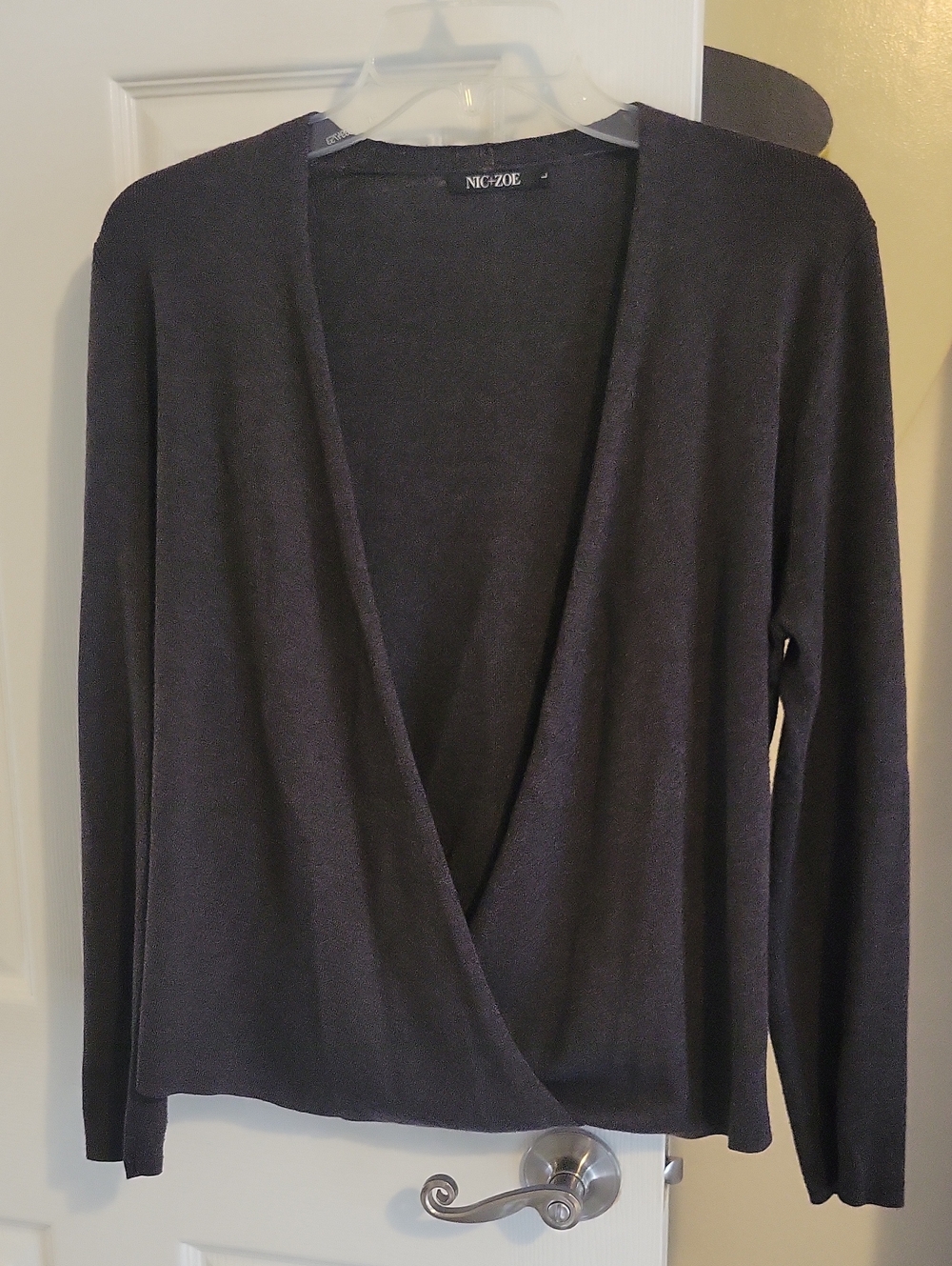 NIC+ZOE SzLg Black Wrap-Front Lightweight Long sleeve sweater ribbed accents